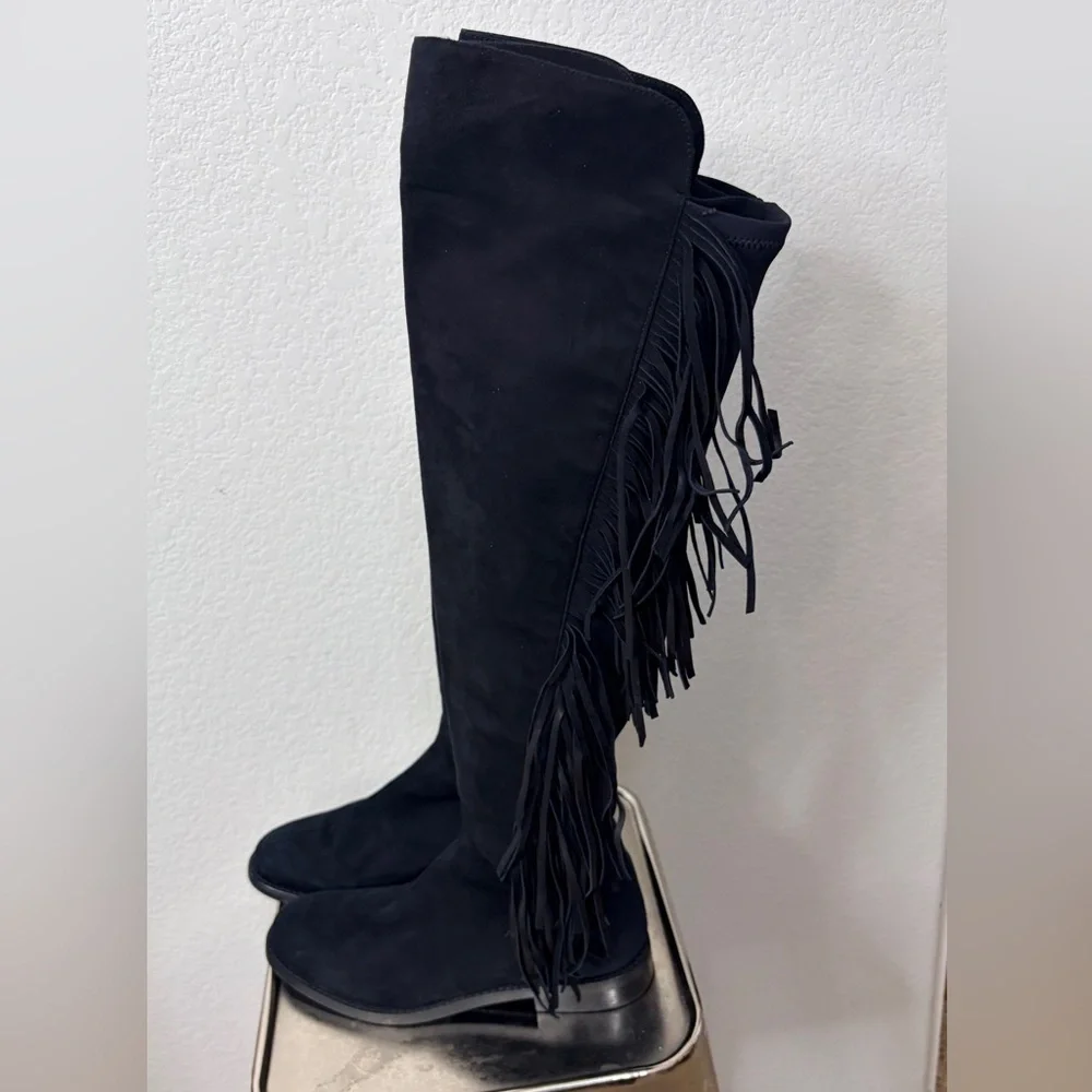 Lavorazione Artigiana Made in Italy Black Suede Over the Knee Fringe Boots 8